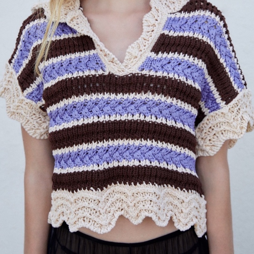 NWT ZARA BOHEMIAN ZARA HOODED KNIT TOP STRIPED MEDIUM 1383/008/104 BLUE BROWN